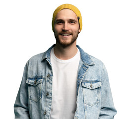 Poster - Portrait of stylish brutal young bearded European man wearing yellow hat and jeans jacket, posing at transparent background with copy space for your text or promotional content