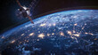 Satellite in Orbit Around Earth with Illuminated Cities Below