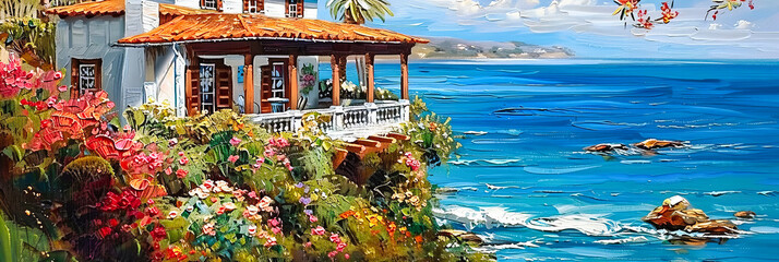 Wall Mural - Mediterranean Seaside Village, Artistic Summer Landscape, Colorful Painting, Travel Inspiration