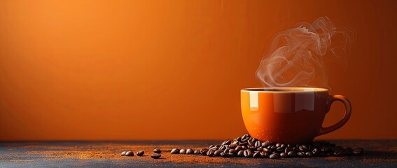 coffee mug with steam and coffee beans on a orange background, in the style of photorealistic still life, smokey background, photo-realistic compositions. Generative AI