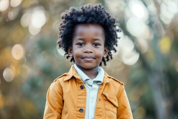 Canvas Print - A young boy with curly hair is wearing a yellow jacket and smiling