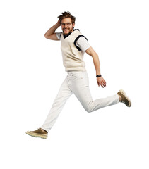 Wall Mural - Full length body size view of attractive cheerful active guy jumping running isolated over transparent background.