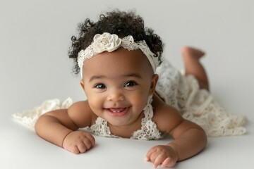 Canvas Print - A baby girl is laying on her back with a white lace headband on her head