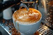 latte art being made in a cafe by men,, in the style of shaped canvas, modern. Generative AI