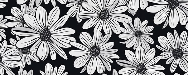 Wall Mural - simple gray flower pattern, lino cut, hand drawn, fine art, line art, repetitive, flat vector art