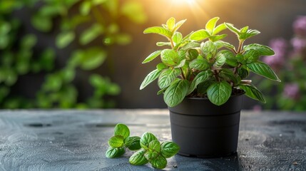 Wall Mural - A vibrant potted mint plant brings life to a rustic table, sitting peacefully under soft sunlight