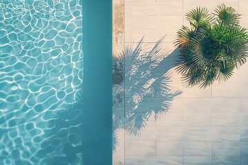 Poster - A serene pool glistens under the sun, with a majestic palm tree providing shade. The scene is a perfect blend of relaxation and tropical beauty, view from above