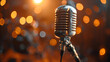 Close-up vintage retro microphone on stage music, audio microphone retro style, Vintage microphone on restaurant stage with blurred backdrop, Generative AI 
