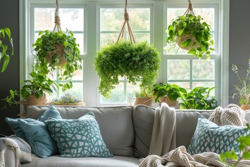 Poster - A vibrant living room overflowing with lush green plants, creating a soothing and rejuvenating sanctuary indoors