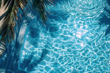 Poster - A serene pool with crystal-clear blue water, adorned with lush palm trees swaying gently in the breeze