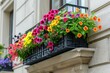 A vibrant window box brimming with a rainbow of flourishing flowers, adding a pop of color next to a building