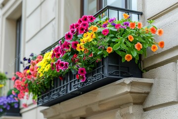 Poster - A vibrant window box brimming with a rainbow of flourishing flowers, adding a pop of color next to a building