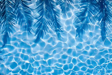 Poster - Crystal blue water fills a serene pool, surrounded by towering palm trees swaying gently in the breeze