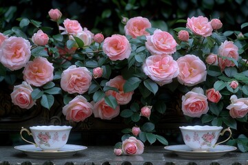 Wall Mural - vibrant pink roses nestled side by side, showcasing their delicate petals and sweet aroma in a harmonious display of beauty