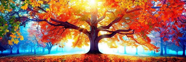 Aufkleber - majestic tree in full fall foliage, with leaves ablaze in shades of red, orange, and yellow against a serene backdrop, banner