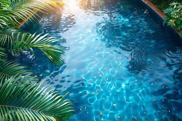 Poster - Serene swimming pool surrounded by lush palm trees and crystal clear water, creating a tranquil oasis for relaxation and enjoyment