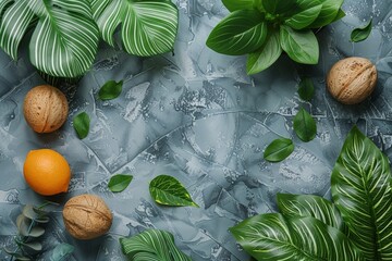 Poster - A vibrant display of green leaves and nut  arranged on a wooden table