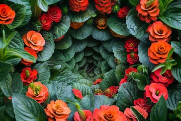 Leinwandbilder - A vibrant group of red and orange flowers are nestled among lush green leaves, creating a stunning contrast of colors and textures in a natural setting