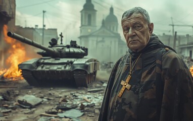 clergyman with golden cross around neck on background of ruined city and tank