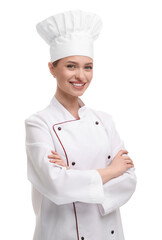 Wall Mural - Happy woman chef in uniform on white background