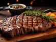 succulent steak, sizzling hot off the grill, its savory aroma filling the air with anticipation. The steak is perfectly seared on the outside, 