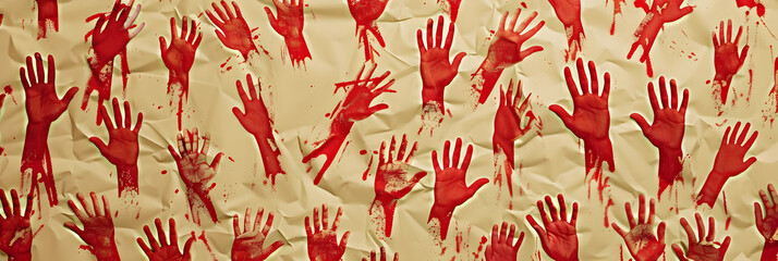 tan wallpaper with hundreds of red hands on it