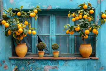 Leinwandbilder - Sunlight gently illuminates a blue window adorned with a bountiful bunch of vibrant oranges, casting a warm and inviting glow