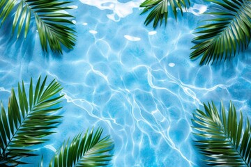 Poster - A serene pool shimmering in the sunlight, adorned with vibrant palm leaves gently floating on the waters surface