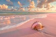 A sea shell rests on pink sand by the azure sea under fluffy cumulus clouds
