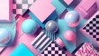 3D rendering of geometric shapes. Pink, blue and gray colors. Checkered pattern. Disco ball. Futuristic. Abstract.