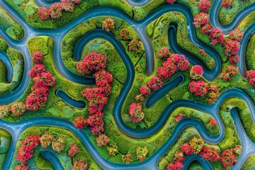 Poster - A majestic river winds its way through a lush landscape of vibrant trees and blooming flowers, creating a serene and picturesque scene from above