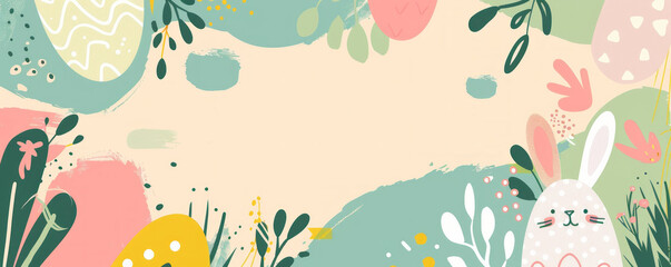 Wall Mural - Happy Easter background with cute hand drawn eggs, bunny and abstract shapes on a pastel background