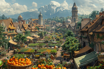 Poster - a historic town square hosting a farmers' market alongside a tech expo showcasing the latest gadgets