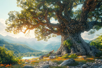 Poster - a centuries-old oak tree standing next to a genetically modified tree engineered for rapid growth. c