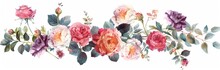 Horizontal Garland Of Pink And Red Roses, Pale Green Leaves, Purple Flowers, Pink Peonies, Light Yellow Daisies, Isolated On A White Background, Watercolor Clipart Style. 