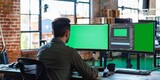 Fototapeta Lawenda - Man at desk with two computer monitors displaying green screens. Generative AI