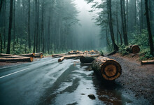 Trees Chopped And Stacked In Forest. Deforestation