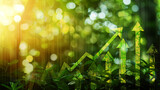 Fototapeta  - Infographic with a green arrow among green plants. Nature background. Business, finance, analytics