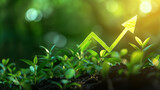 Fototapeta  - Infographic with a green arrow among green plants. Nature background. Business, finance, analytics