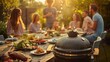 Kamado grill as the heart of a backyard gathering, with friends and family enjoying a meal together. The composition and warm color palette take cues from the inviting and intimate  photography.