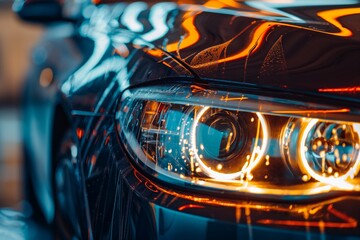 A close-up of the headlights of a car being polished to remove dust, dust removal from the car headlights, car wash, mobile detailing, car detailing closeup, dust cleaning from the car, car cleaning