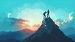 © Ilia - Two businessmen in suits collaborating to scale a mountain summit, one helping the other to ascend a mountain peak, concept of teamwork, mentorship, success, support and achieving goals together.