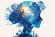 A double exposure illustration of an island with coral and sea plants growing on it, a silhouette of the head is made out from blue watercolor paint