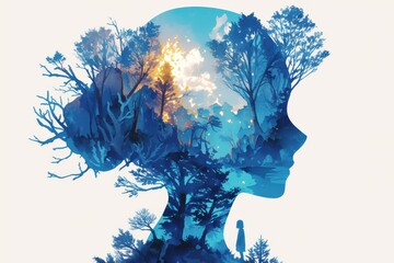 Wall Mural - A double exposure illustration of an island with coral and sea plants growing on it, a silhouette of the head is made out from blue watercolor paint