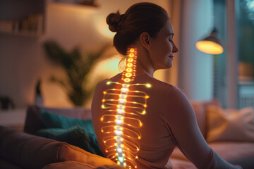 Selective focus of A woman with back pain is sitting on the sofa in the living room.