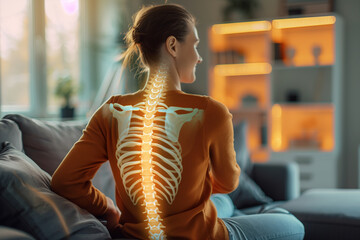 Selective focus of A woman with back pain is sitting on the sofa in the living room.