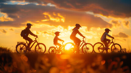 group of people riding bikes across grassy field