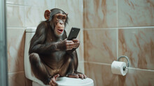 Monkey Sitting On Toilet Using Cell Phone