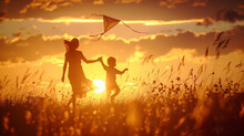 Woman And Child Flying Kite At Sunset