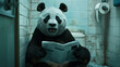 Panda Bear Reading Newspaper on Toilet